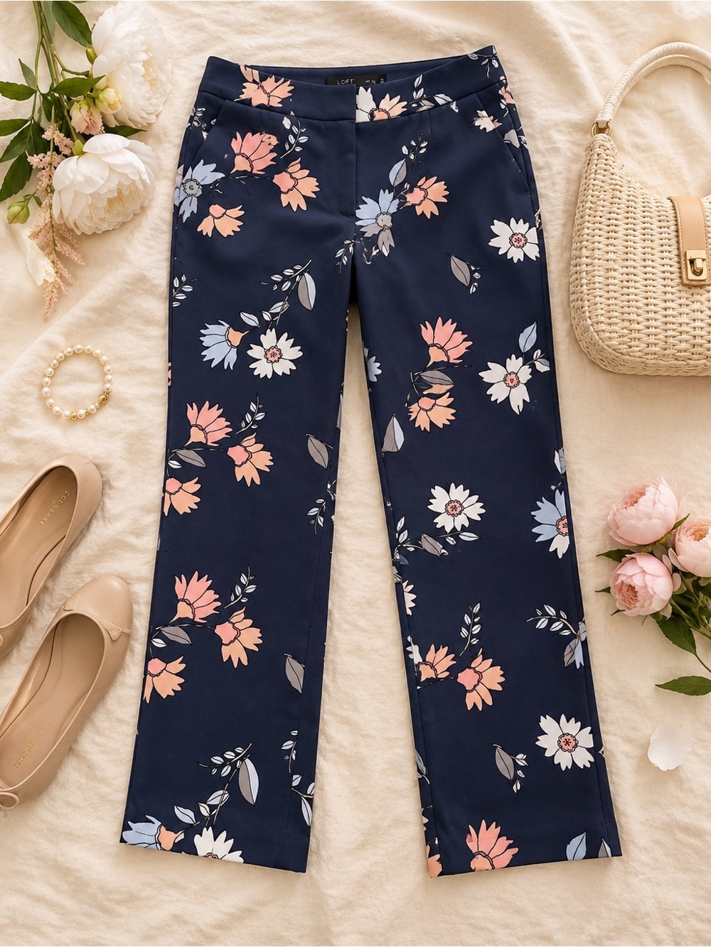 LOFT Floral Ankle Pants Size 4 Navy Pink White Cropped Straight Leg Career Pants